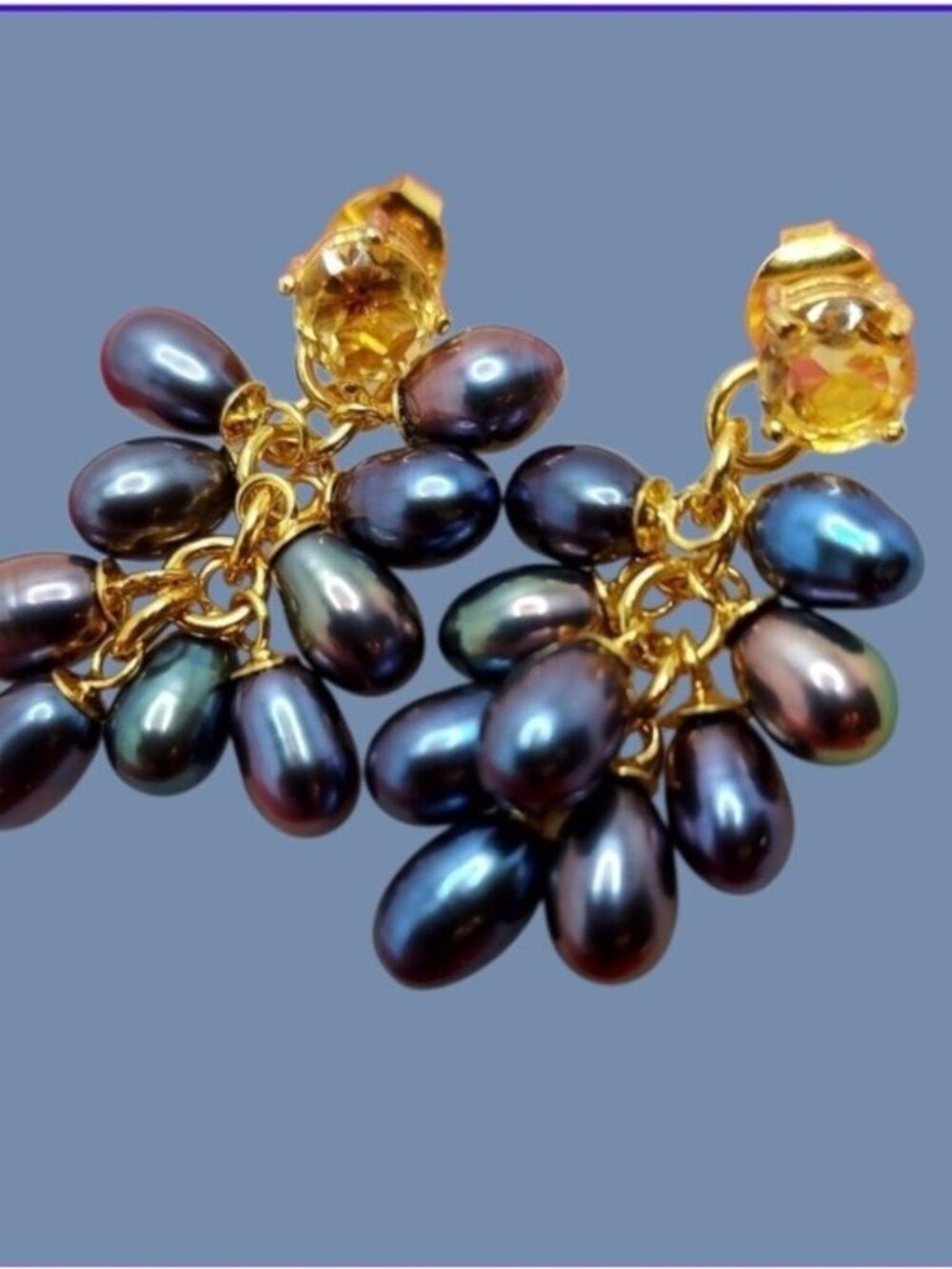 925 Sterling Silver Earrings 3.5cm with Natural Cotrine & Fresh Water Pearls